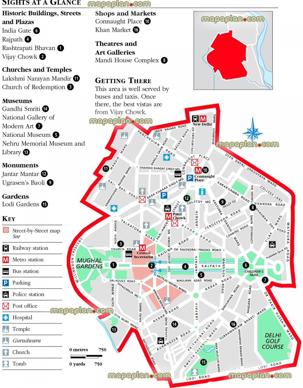 Mapa dos passeios a pé em Nova Deli