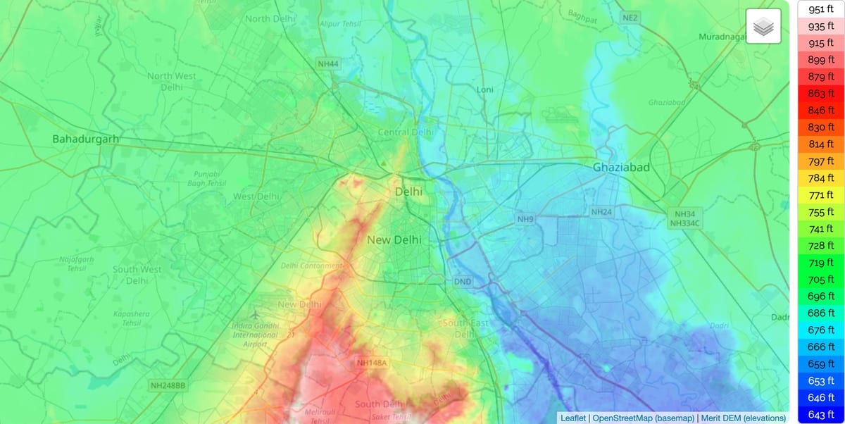 Mapa de elevação de Nova Deli
